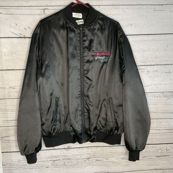 VTG Satins Black Polaris Embroidered Satin Full Zip Bomber Jacket Men Size XL - Picture 1 of 13